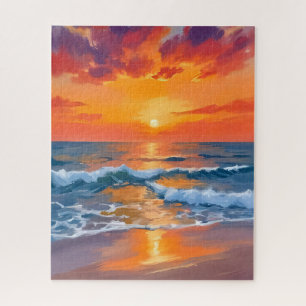 Golden Hour Sunset Ocean Beach Painting Jigsaw Puzzle