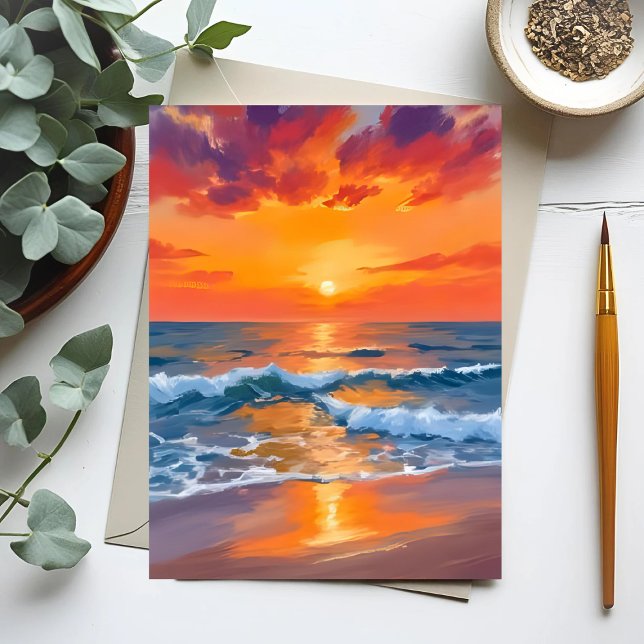 Golden Hour Sunset Ocean Beach Painting Postcard (Creator Uploaded)
