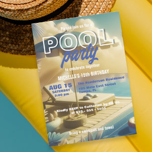 Golden Hour Tropical Summer Pool Party Birthday Invitation