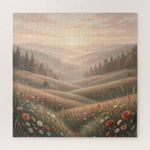 Golden Hour Wildflower Meadow Rolling Hills Sunset Jigsaw Puzzle