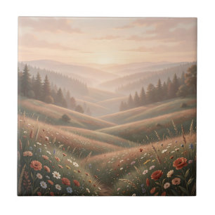 Golden Hour Wildflower Meadow Rolling Hills Sunset Tile