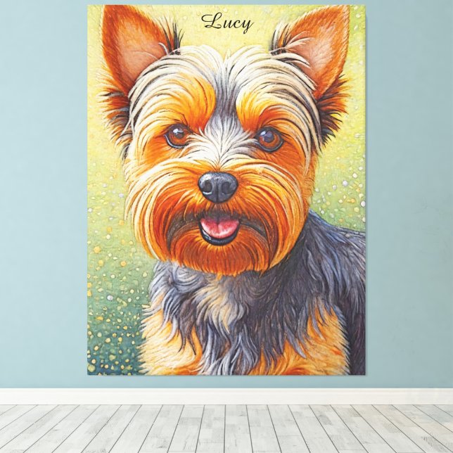 Golden Hued Yorkshire Terrier Radiant Dog Portrait Canvas Print (Insitu(Wood Floor))