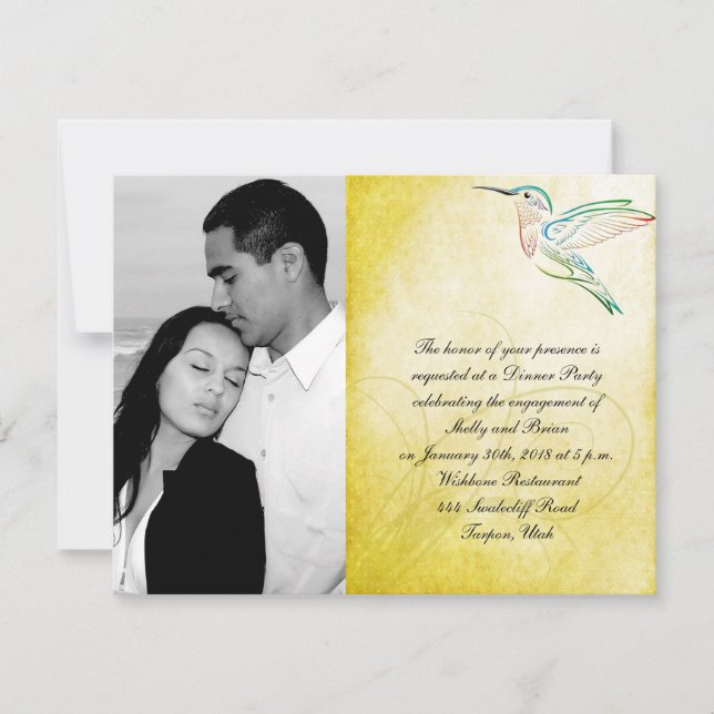 Golden Hummingbird Watercolor Wedding Engagement Invitation (Front)