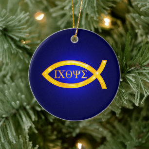 Golden Ichthys Christian Fish Ceramic Tree Decoration