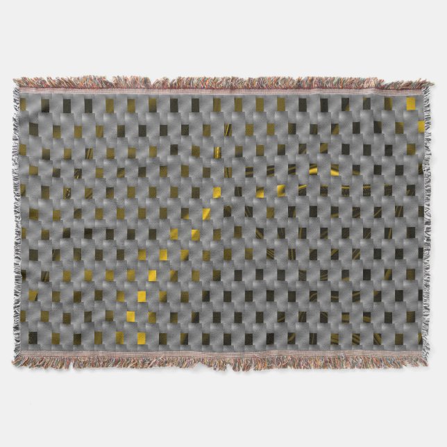 Golden image below grey plates, oblong squares throw blanket (Front)