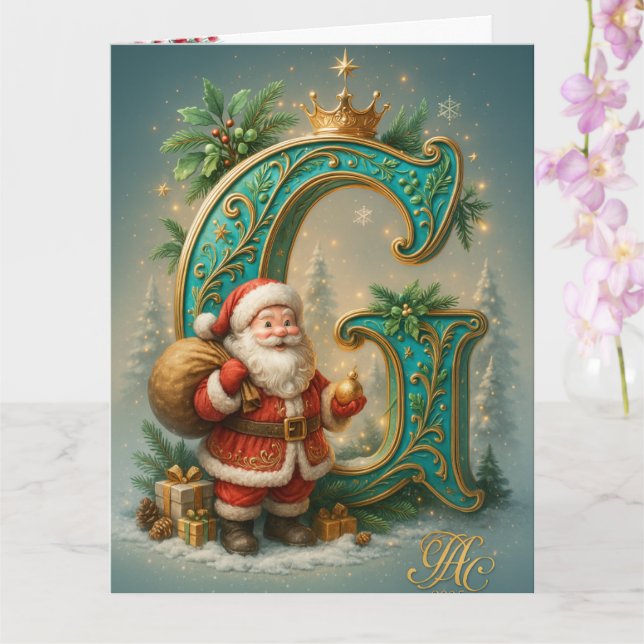 Golden Initial G with Santa Claus and Crown Card (Orchid)