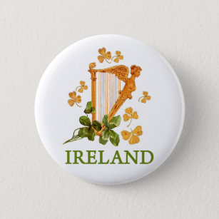 Golden Irish Harp with Golden and Green Shamrocks 6 Cm Round Badge