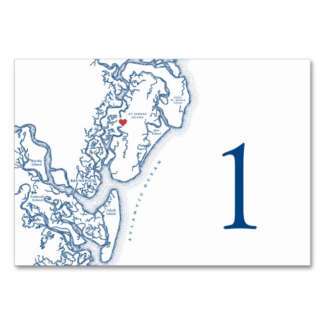 Golden Isles of Georgia Map Wedding Elegant Table Number (Front)