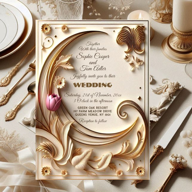 Golden Ivory Baroque Asymmetric Crescent Wedding  Invitation (Golden Ivory Baroque Half Moon Wedding Invitation)