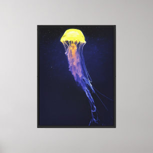 Golden Jellyfish in Deep Blue Luminous Ocean Canvas Print