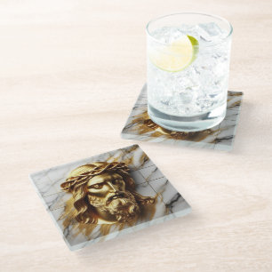Golden Jesus A Divine Presence in Marble Glass Coaster