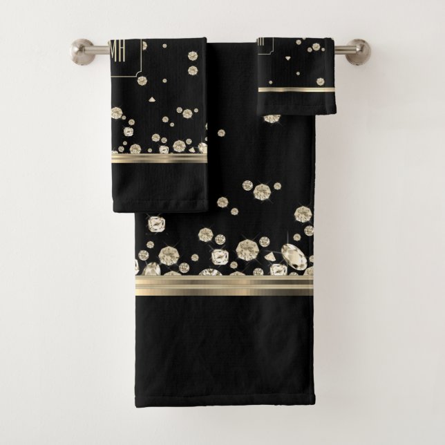 Golden Jewel Diamonds on Black with Monogram Bath Towel Set (Insitu)