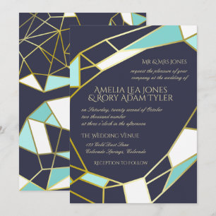 Golden Jewel Outlines Navy & Turquoise Wedding Invitation