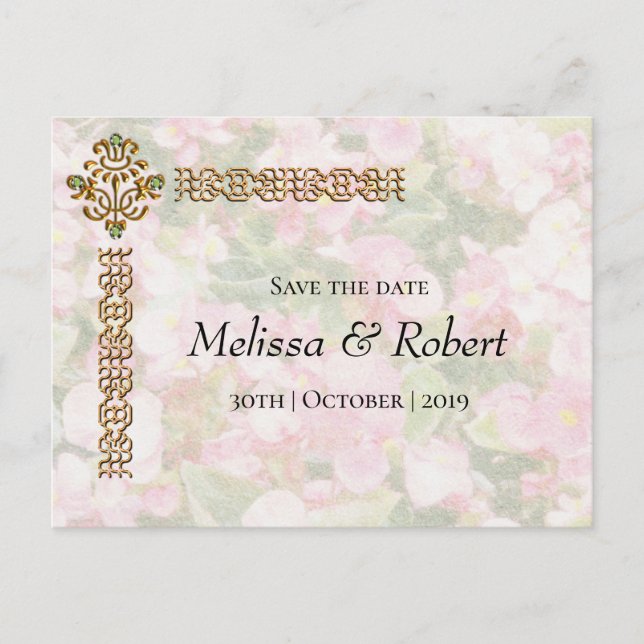 Golden Jewelled Floral Wedding Announcement Postcard (Front)