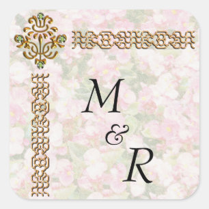 Golden Jewelled Floral Wedding Monogrammed Square Sticker