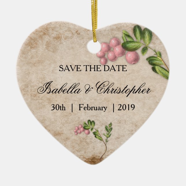 Golden Jewelled Floral Wedding Save the Date Ceramic Tree Decoration (Front)