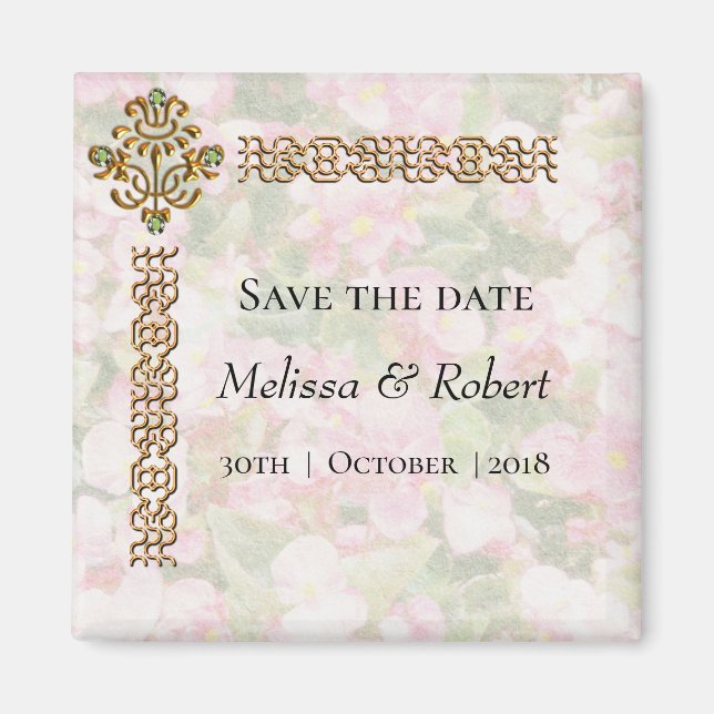 Golden Jewelled Floral Wedding Save the Date Magnet (Front)