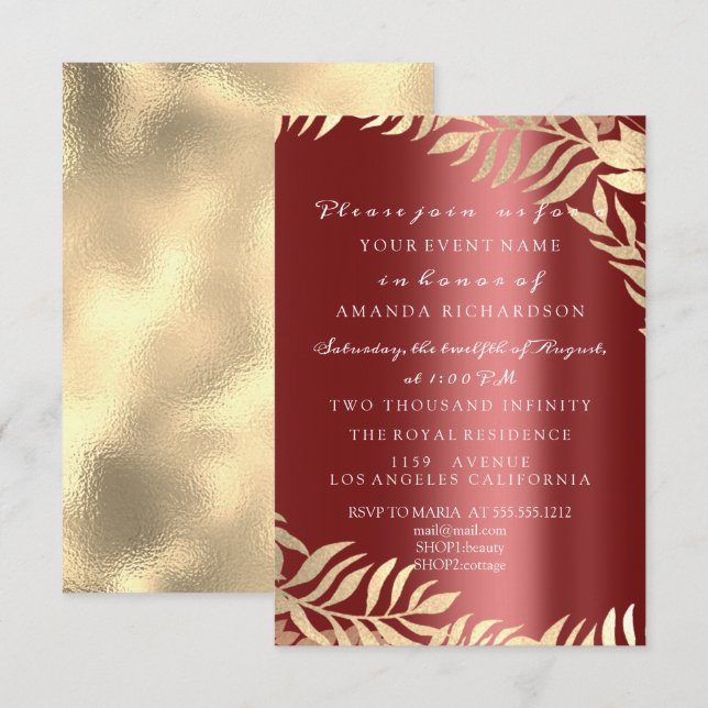 Golden Jungle Burgundy Elegant Bridal Birthday Invitation (Front/Back)