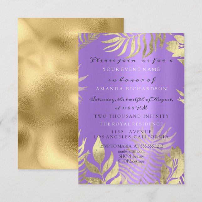 Golden Jungle Purple Elegant Bridal Birthday Invitation (Front/Back)