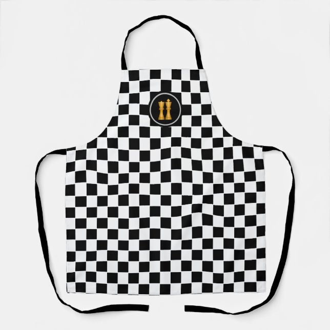 Golden King & Queen on Black White Chess Pattern Apron (Front)