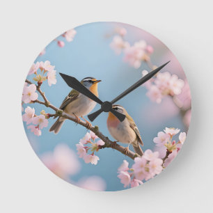 Golden Kinglet Cherry Blossom Spring Round Clock