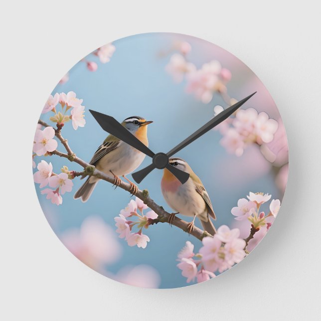 Golden Kinglet Cherry Blossom Spring Round Clock (Front)