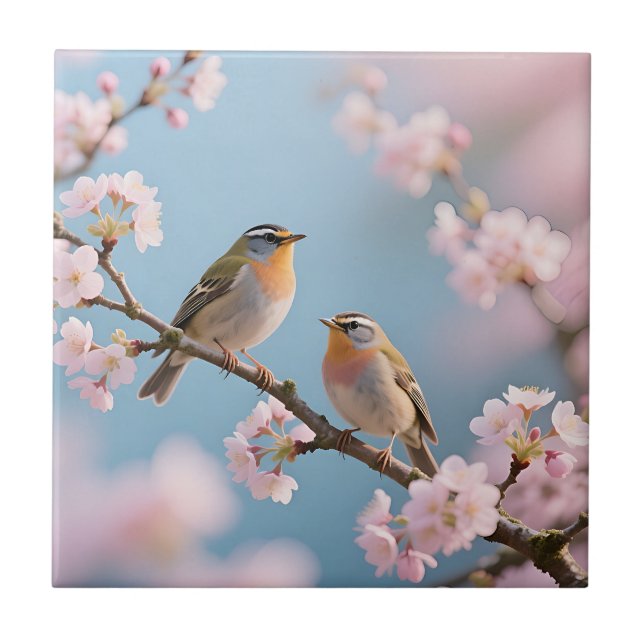Golden Kinglet Cherry Blossom Spring Tile (Front)
