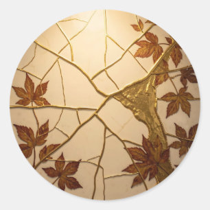 Golden Kintsugi Autumn Leaves Marble Classic Round Sticker