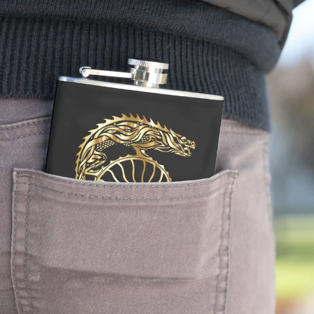 Golden knight armour helmet forge in gold texture hip flask (In Situ)