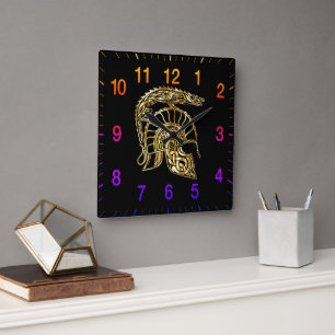 Golden knight armour helmet with rainbow numbers square wall clock