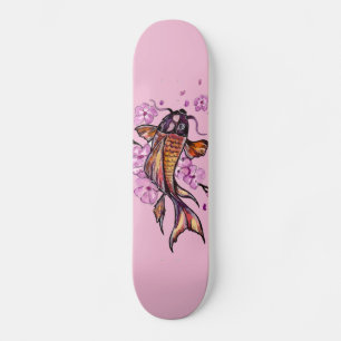 Golden Koi Carp and Pink Blossoms Skateboard