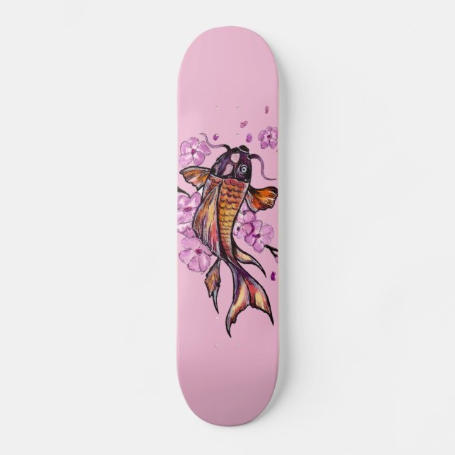 Golden Koi Carp and Pink Blossoms Skateboard (Front)