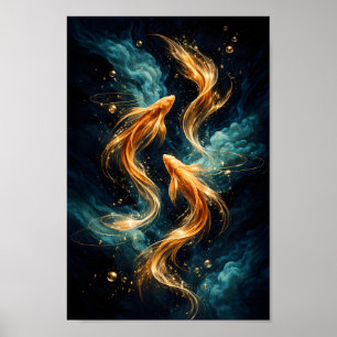 Golden Koi Fish Swimming in Deep Blue Cosmic Water Poster