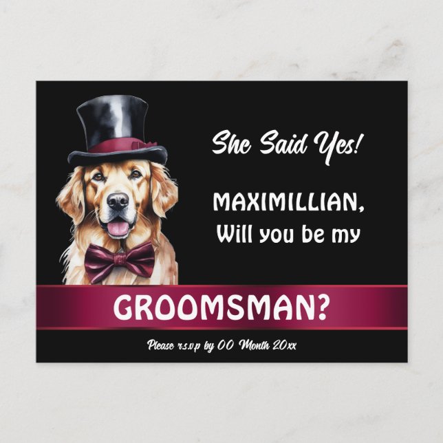 Golden labrador dog groomsmen proposal wedding postcard (Front)