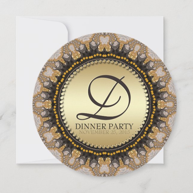 Golden Lace Fractals Dinner Party (Round) Invites (Front)