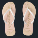 Golden Lace on Coral Peach Maid of Honour Wedding Flip Flops<br><div class="desc">These beautiful wedding flip flops are a great way to thank and recognise your Maid of Honour while saving her feet at the same time. Features an elegant design with golden lace frills on a pale orange or coral peach coloured background and fancy gold coloured script lettering. The test reads...</div>
