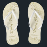 Golden Lace on Ivory Cream Maid of Honour Wedding Flip Flops<br><div class="desc">These beautiful wedding flip flops are a great way to thank and recognise your Maid of Honour while saving her feet at the same time. Features an elegant design with golden lace frills on an ivory or cream coloured background and fancy gold coloured script lettering. The test reads Maid of...</div>