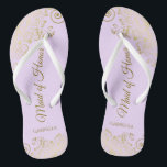 Golden Lace on Lilac Purple Maid of Honour Wedding Flip Flops<br><div class="desc">These beautiful wedding flip flops are a great way to thank and recognise your Maid of Honour while saving her feet at the same time. Features an elegant design with golden lace frills on a lilac, lavender, or pale purple coloured background and fancy gold coloured script lettering. The test reads...</div>