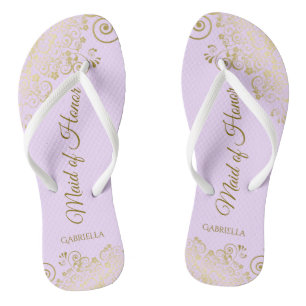 Golden Lace on Lilac Purple Maid of Honour Wedding Flip Flops