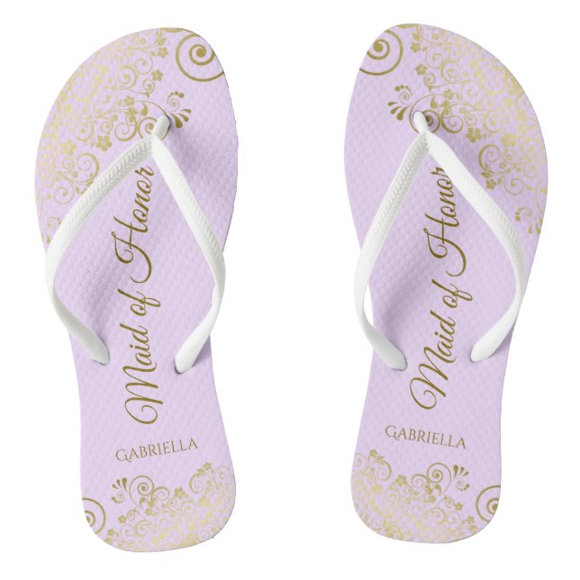 Golden Lace on Lilac Purple Maid of Honour Wedding Flip Flops (Footbed)