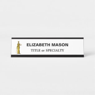 Golden Lady Justice on White Desk Name Plate