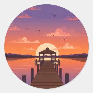 Golden Lake Sunset with Wooden Dock Classic Round Sticker