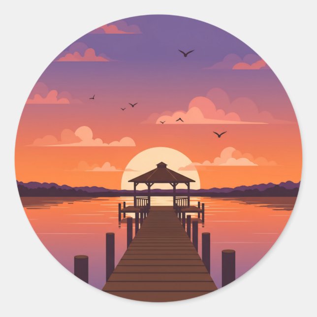 Golden Lake Sunset with Wooden Dock Classic Round Sticker (Front)