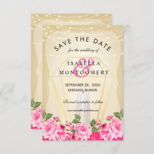 Golden Lantern and Pink Floral Invitation