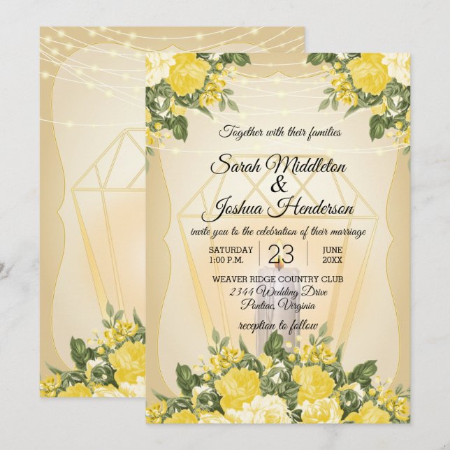 Golden Lantern and Yellow Floral Wedding Invitation (Front/Back)