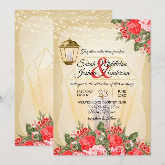 Golden Lanterns and Red Flower Wedding Invitation (Front/Back)