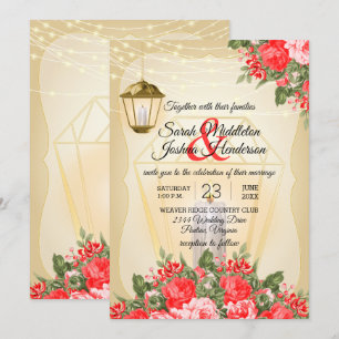 Golden Lanterns and Red Flower Wedding Invitation