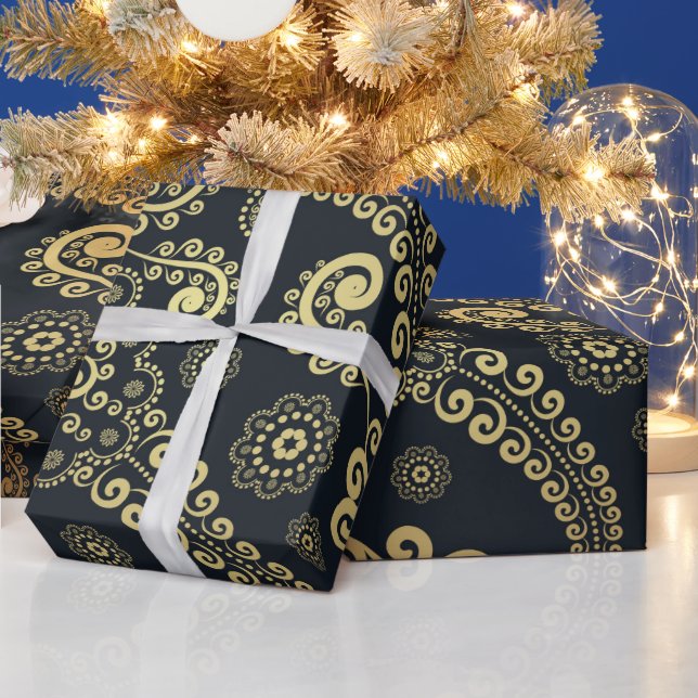 Golden Large Luxury Paisley on Black Background Wrapping Paper (Holidays)