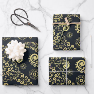 Golden Large Luxury Paisley on Black Background Wrapping Paper Sheet