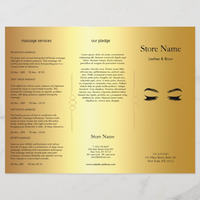 Golden Lashes & Brow Beauty Salon Trifold Bruchure (Front)